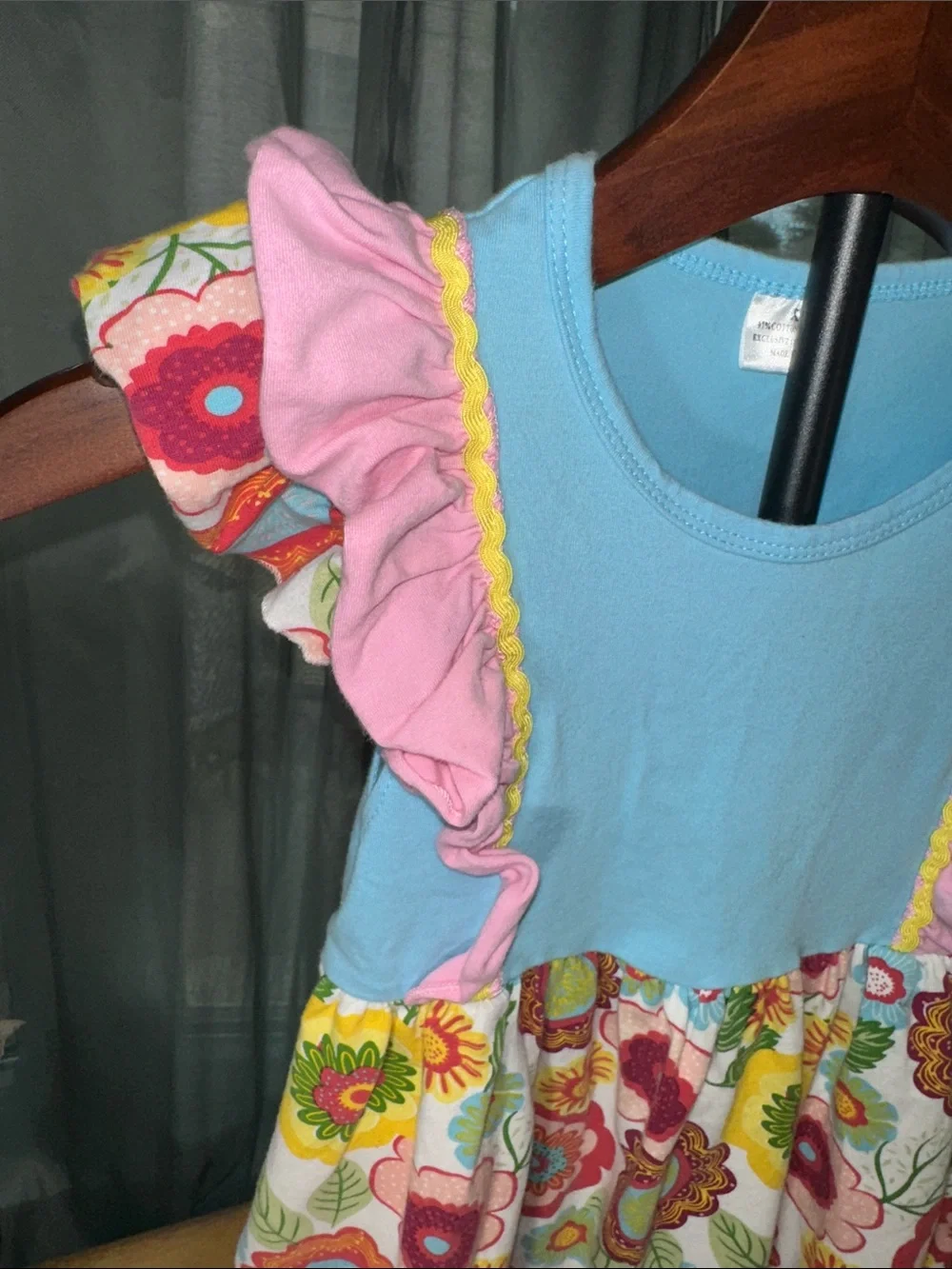 Girls Floral Ruffle Dress - Blue and Pink